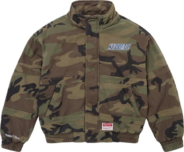 Supreme Mitchell & Ness Twill Stadium Jacket - Woodland Camo (front)