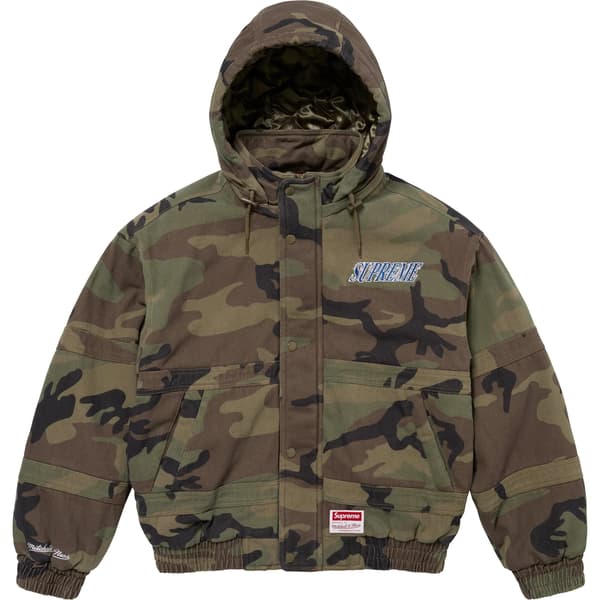 Supreme Mitchell & Ness Twill Stadium Jacket - Woodland Camo (front)