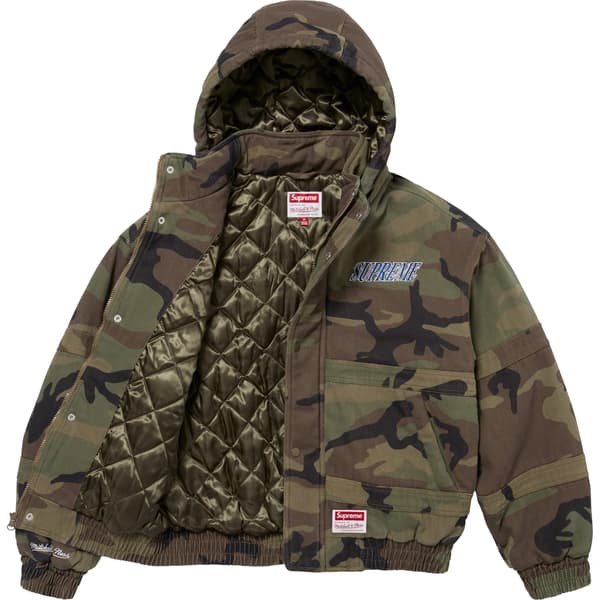 Supreme Mitchell & Ness Twill Stadium Jacket - Woodland Camo (front)