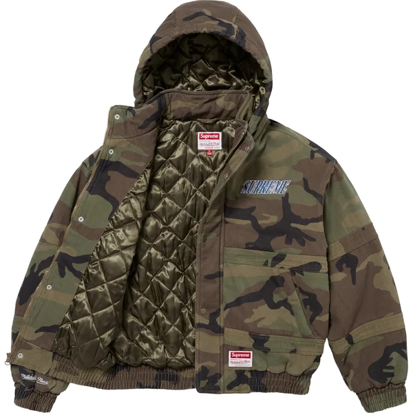 Supreme Mitchell & Ness Twill Stadium Jacket - Woodland Camo (front)