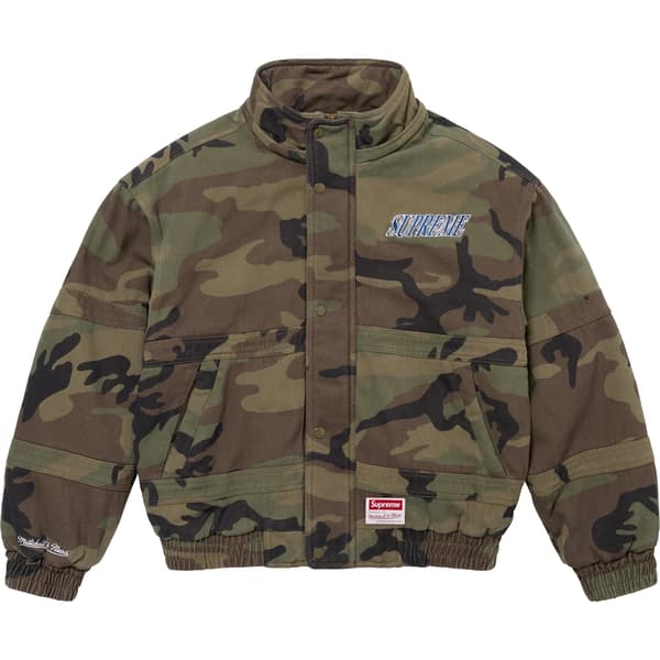 Supreme Mitchell & Ness Twill Stadium Jacket - Woodland Camo (front)