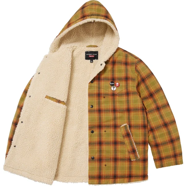 Supreme Number (N)ine Faux Shearling Hooded Coat - Plaid (front)