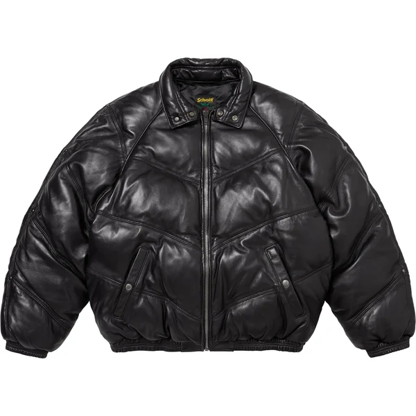 Supreme Schott Chevron Leather Down Puffer Jacket - Black (front)