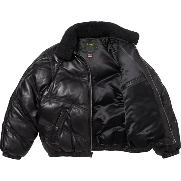 Supreme Schott Chevron Leather Down Puffer Jacket - Black (front)