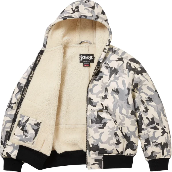 Supreme Schott Shearling Hooded Work Jacket - Snow Camo (front)