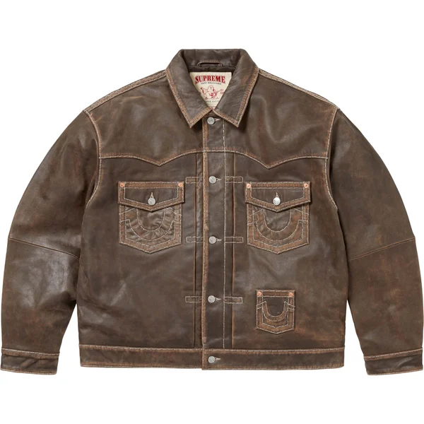 Supreme True Religion Leather Trucker Jacket - Brown (front)