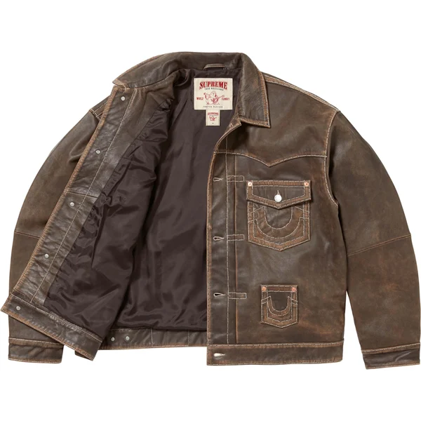 Supreme True Religion Leather Trucker Jacket - Brown (front)