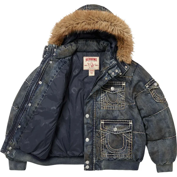 Supreme True Religion Puffer Jacket - Dirty Indigo (front)
