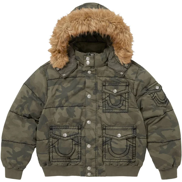 Supreme True Religion Puffer Jacket - Olive Camo (front)
