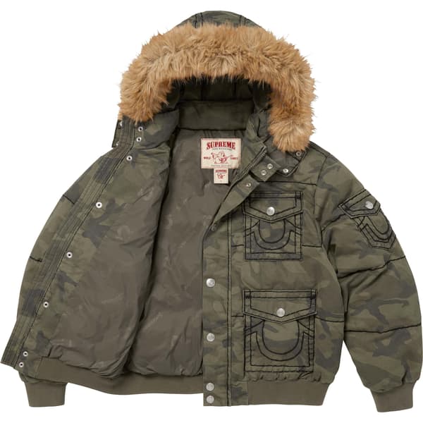 Supreme True Religion Puffer Jacket - Olive Camo (front)