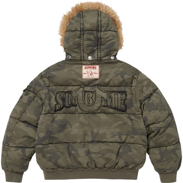 Supreme True Religion Puffer Jacket - Olive Camo (front)