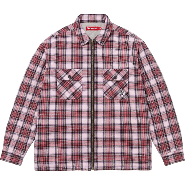 Supreme Thermal Lined Zip Up Flannel Shirt - Pink (front)