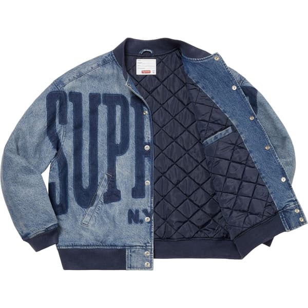 Supreme Washed Knockout Denim Varsity Jacket - Washed Blue (front)