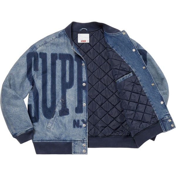 Supreme Washed Knockout Denim Varsity Jacket - Washed Blue (front)