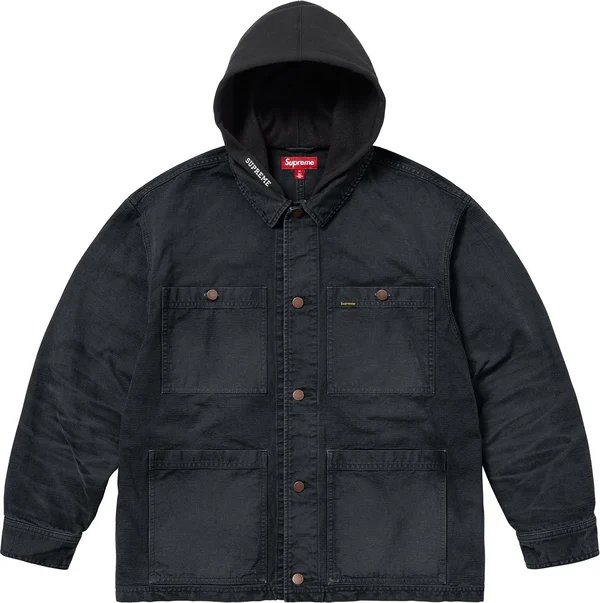 Supreme Worn Hooded Chore Coat - Black (front)