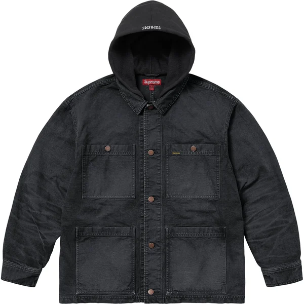 Supreme Worn Hooded Chore Coat - Black (front)