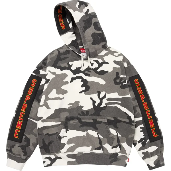 Supreme Woven Patches Hooded Sweatshirt - Snow Camo (front)