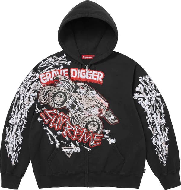 Supreme x Grave Digger Bones Zip Up Hooded Sweatshirt - Black (front)