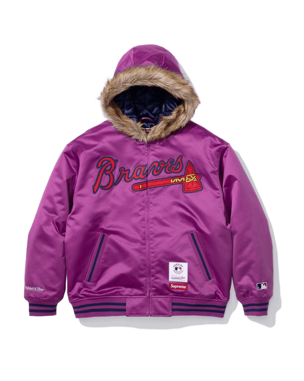 Supreme x Mitchell & Ness Hooded Satin Varsity Jacket - Braves (front)