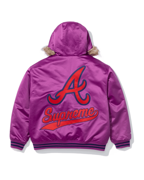 Supreme x Mitchell & Ness Hooded Satin Varsity Jacket - Braves (front)