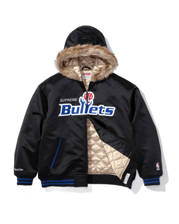 Supreme x Mitchell & Ness Hooded Satin Varsity Jacket - Bullets (front)