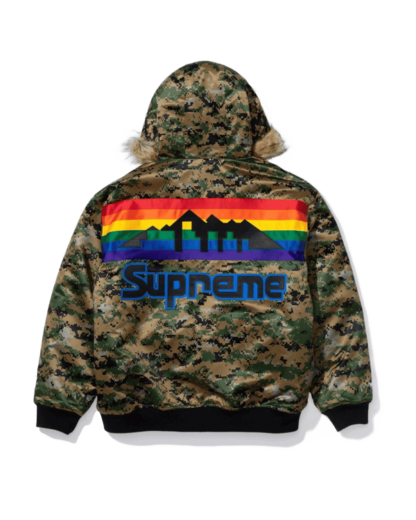 Supreme x Mitchell & Ness Hooded Satin Varsity Jacket - Nuggets (front)