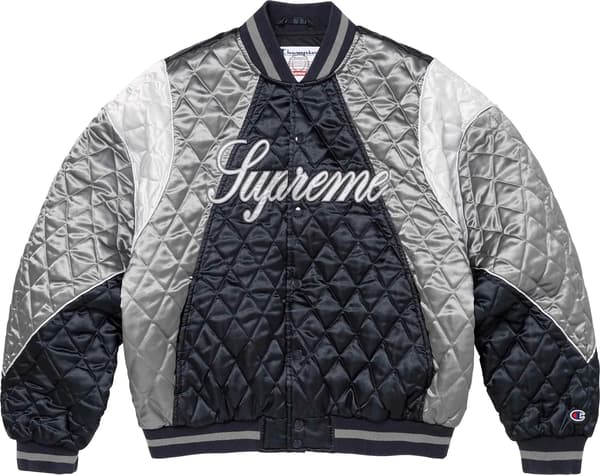 Supreme®/Champion® Quilted Satin Varsity Jacket - Navy (front)