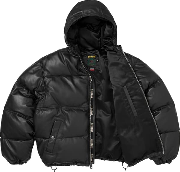 Supreme®/Schott® Leather Down Hooded Puffer Jacket - Black (detail)