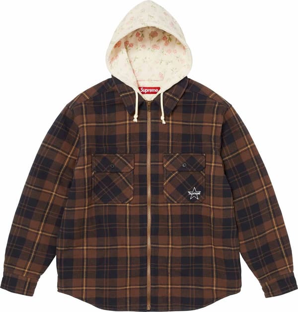 Thermal Lined Hooded Flannel Zip Up Shirt - Brown (front)